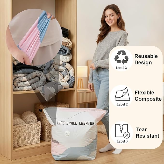 No Pump Vacuum Storage Bags,2026 New No Pump Large Vacuum Storage Compression Bags,Thick and Airtight Reusable Organizer Suitable for Clothes, Blankets, Bedding, Travel, and Closet Storage (3, Large) - Image 3