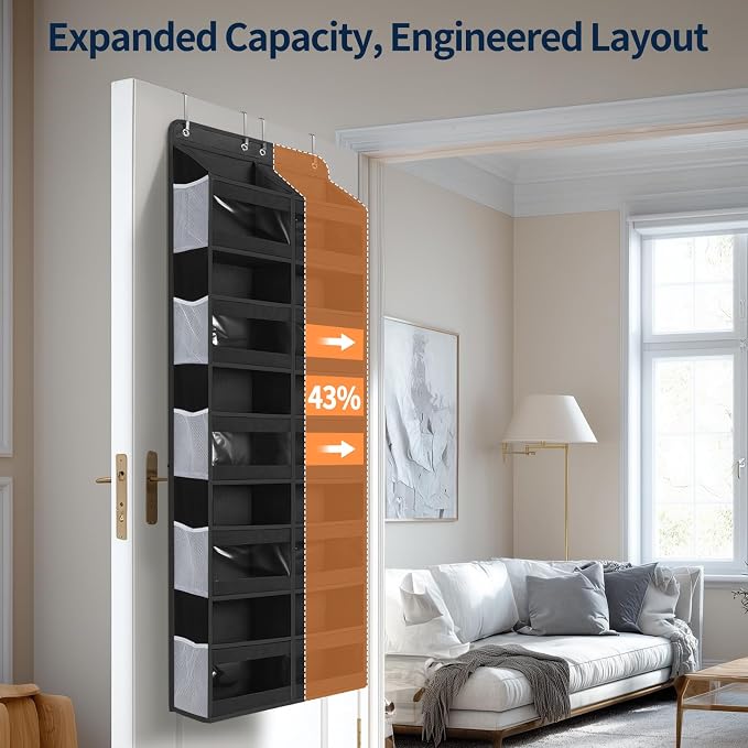 Yecaye 5-Tier Over The Door Organizer Dual-Column, 80lbs Load Over the Door Storage of 10 Compartments, Heavy Duty Extra Large Door Organizer Hanging for Bedroom Nursery Bathroom Pantry, Black, 1 Pack - Image 3