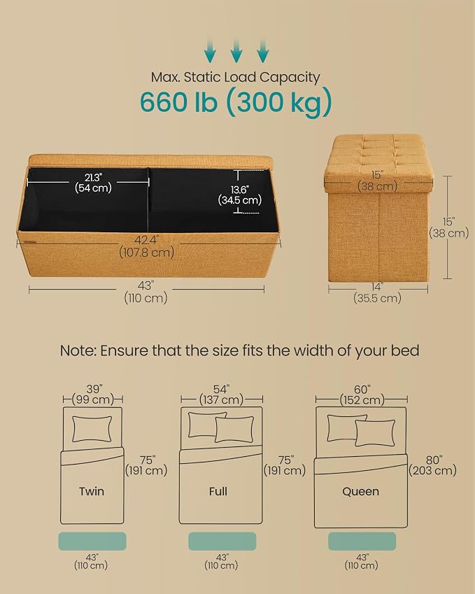 SONGMICS Mazie Collection - Storage Ottoman Bench, 43 Inches Folding Foot Rest Stool, End of Bed Bench, Easy Assembly, for Living Room, Bedroom, Entryway, Ginger ULSF077K04 - Image 3