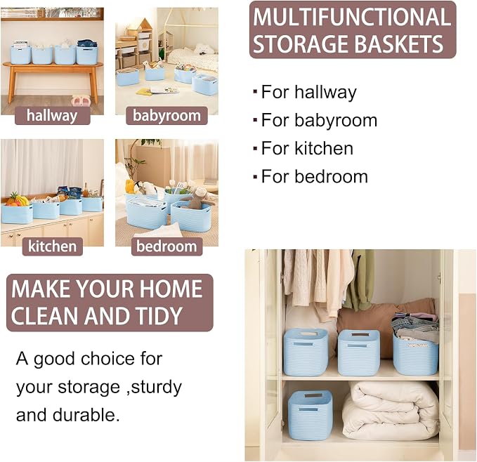 OIAHOMY 4 Pack Storage Baskets for Organizing 15L Storage Bins Light Blue | Woven Baskets for Storage Rectangle Small Baskets With Handles Baskets for Shelves Wicker Baskets for Shelves 12.7x9x7.8inch - Image 6