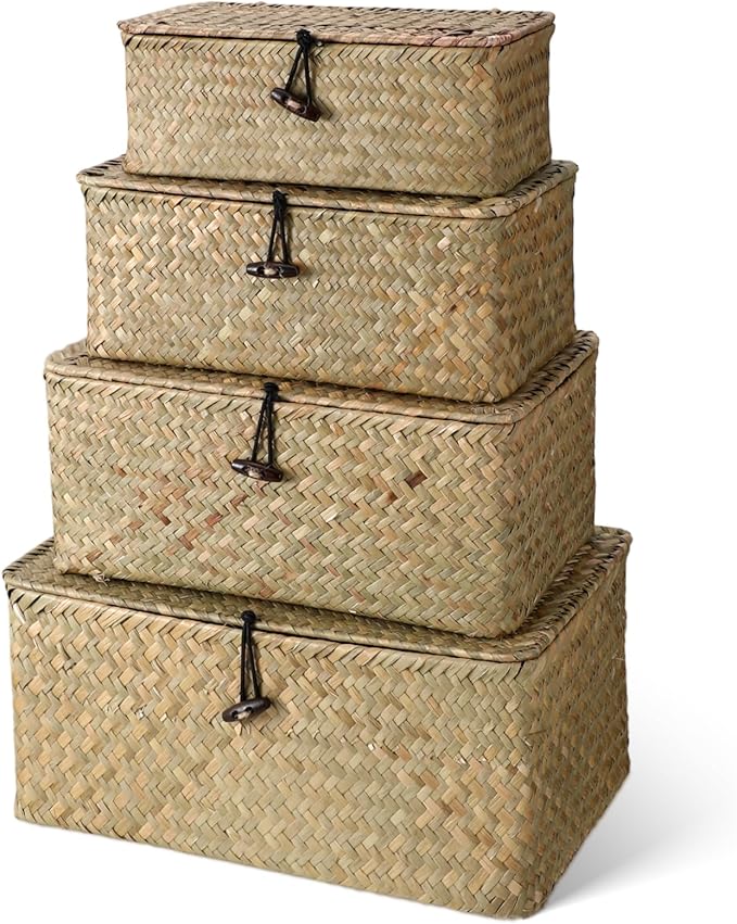 Woanger Set of 4 Wicker Baskets with Lids, Nautral Seagrass Storage Baskets, Woven Rectangular Basket Bins, Rattan Storage Organizer for Shelf Closet Bedroom(Natural Color) by Woanger
