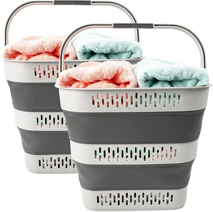 SAMMART 38L(10 Gal) Collapsible Laundry Basket - Foldable Pop-Up Storage Container/Organizer-Portable Space Saving Hamper, Measure 17.5x13.3x15.7"/3.8" Expanded/Collapsed (2, Grey) by SAMMART