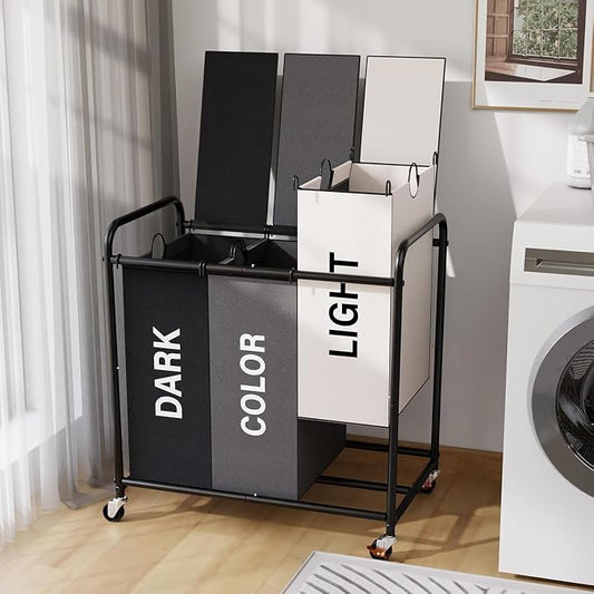 180L Laundry Sorter 3 Section with Lockable Wheels and Lid Multicolor | 3 Large Separate Removable Bags | Heavy Duty Rolling Laundry Basket | Laundry Hamper Cart for Laundry Room Organizer by YKDIRECT