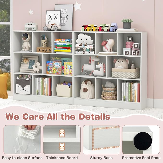 HONEY JOY Kids Toy Storage Organizer, 8-Section Wooden Floor Storage Cabinet, 41” Daycare Toy Chest, 3-Tier Kids Display Bookshelf for Classroom, Playroom & Nursery, Kindergarten (White) - Image 6