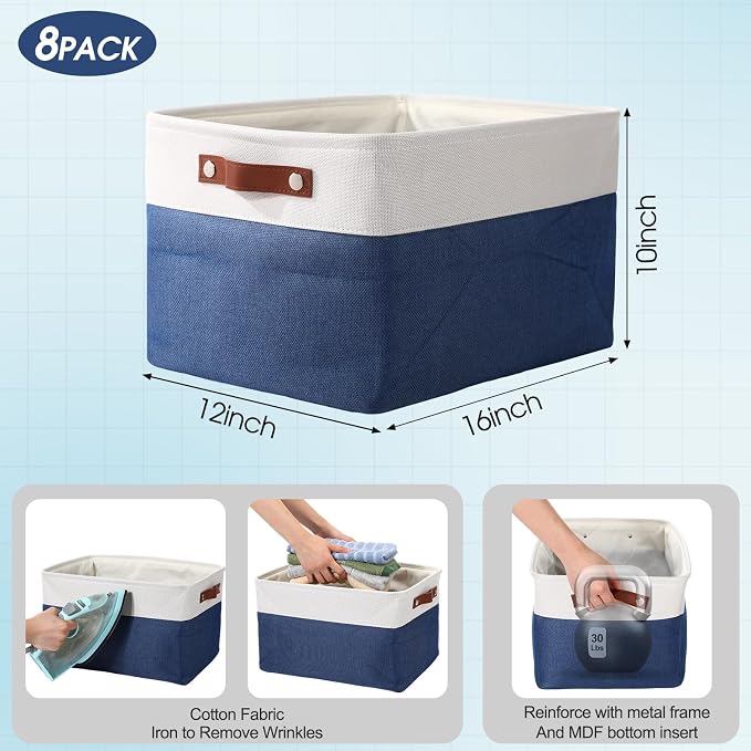 Uiifan 8 Pack 16 x 12 x 10 Inch Large Storage Baskets Collapsible Fabric Storage Cubes Bins with Handles for Shelves Closets Nursery Home Clothes Toys Organizers, Blue - Image 3