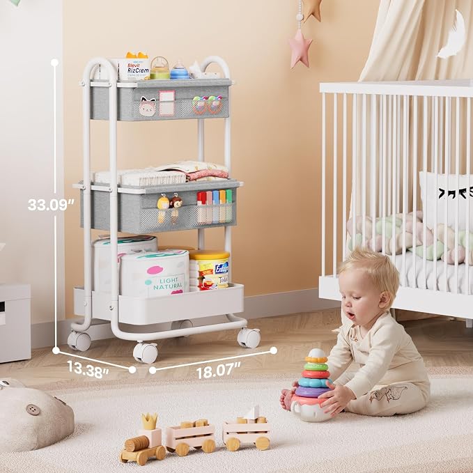 Modanais Baby Diaper Caddy Organizer Cart - 3 Tier Rolling Cart, Light Gray | Lockable Wheels, Baby Essentials Nursery Storage, Detachable Dividers - for Crib, Bedroom, Art & Craft Organizer - Image 2