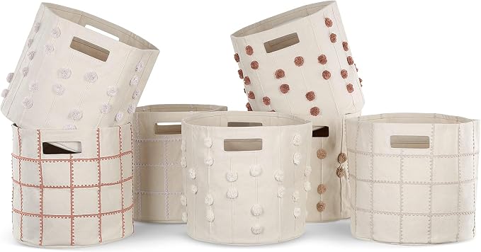 Storage Bins for Kids Nursery Bin Organizer (13"x12") Laundry Basket for Closet, Decorative Floor Storage Basket Canvas Fabric Storage Basket (Pompom - Taupe) - Image 7