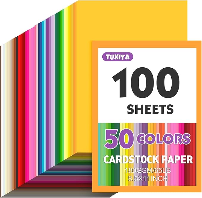 TUXIYA 100 Sheets 8.5" X 11" Colored Cardstock, 50 Colors Card Stock | 50 Assorted Colors Construction Paper Printer Paper for Printing, Card Making, DIY Crafts, School Supplies,Party 180GSM/65LB by Unknown