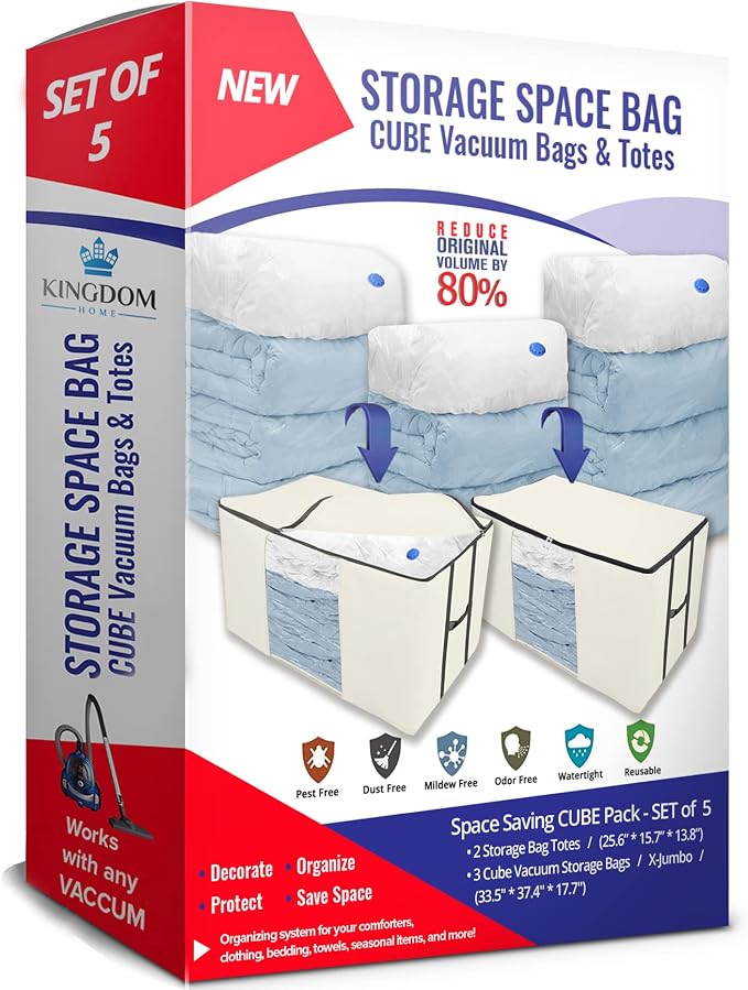 Vacuum Storage Bags, Cube Space Saver Bags, Bedding Space Saving Organizer | Premium Totes & Cubic Vacuum Compression Seal Bags for Clothing. Jumbo Organizer, Storing Comforters Blankets Pillows Clothes - Image 2
