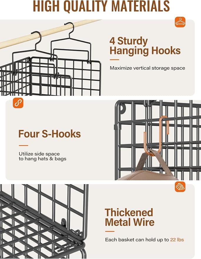 6 Tier Closet Hanging Organizer, Metal Closet Organizers and Storage with 4 Hanging Hooks 4 S-Hooks for Wardrobe Laundry Room, Wire Storage Shelf for Clothes Sweaters Pants (Black) - Image 3