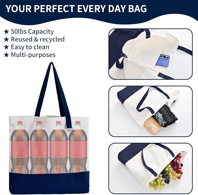 6-Pack Canvas Tote Bags with Zipper, Large Grocery Tote, Navy Blue | Reusable, washable, inner pocket, flat bottom, sturdy handle, for sublimation DIY/transfer, travel/beach/gift/Christmas craft - Image 3