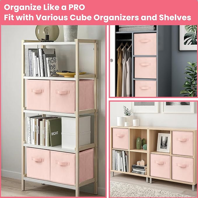 Storage Cubes- 11 Inch Cube Storage Bins for Organizing Shelves - Nursery Closet Organization Bins for Clothes Blanket - 10 Pack Collapsible Decorative Storage Box for Magazines (Pink) - Image 4