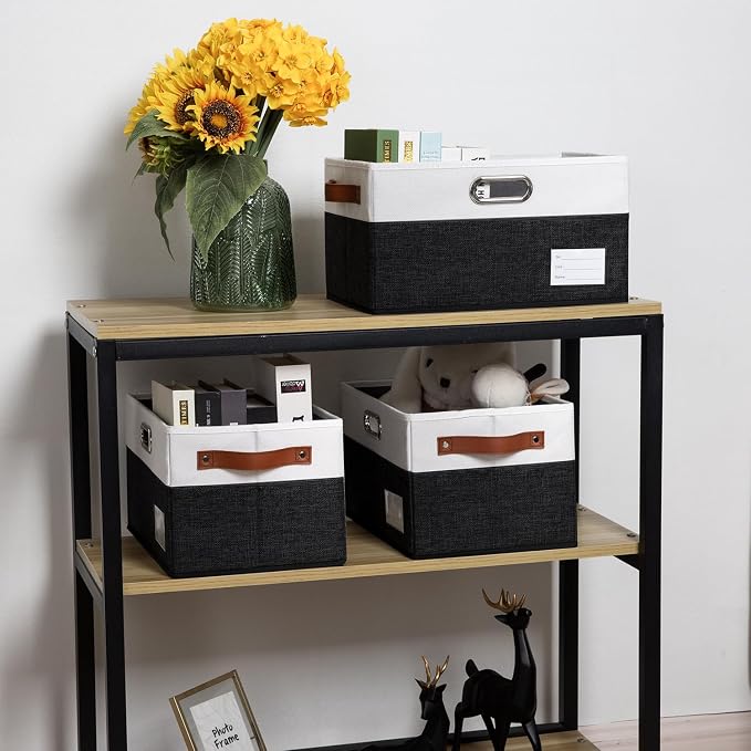 Larger Foldable Storage Bins with Handles [3-Pack] Fabric Collapsible Storage Boxes Baskets Cubes Containers with Handles for Closet Living Room Bedroom (Black & White 17.3x12.2x10.4') - Image 2