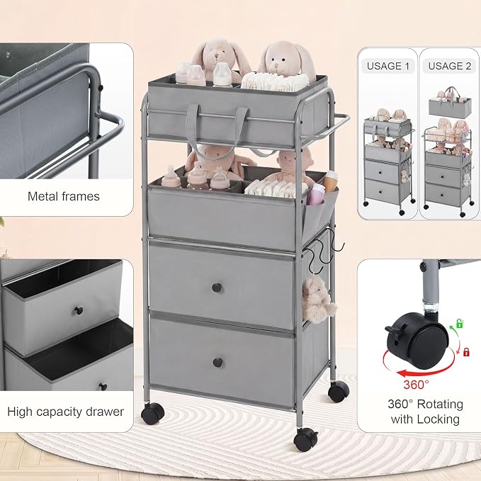 FoldTier 3In1 Baby Diaper Caddy Organizer Cart 4 Tier Large Capacity Metal Utility Bedside Rolling Cart with Divider Newborn Registry Nursery Essential Must Have Bedroom Gift Baby Shower(Gray) - Image 3