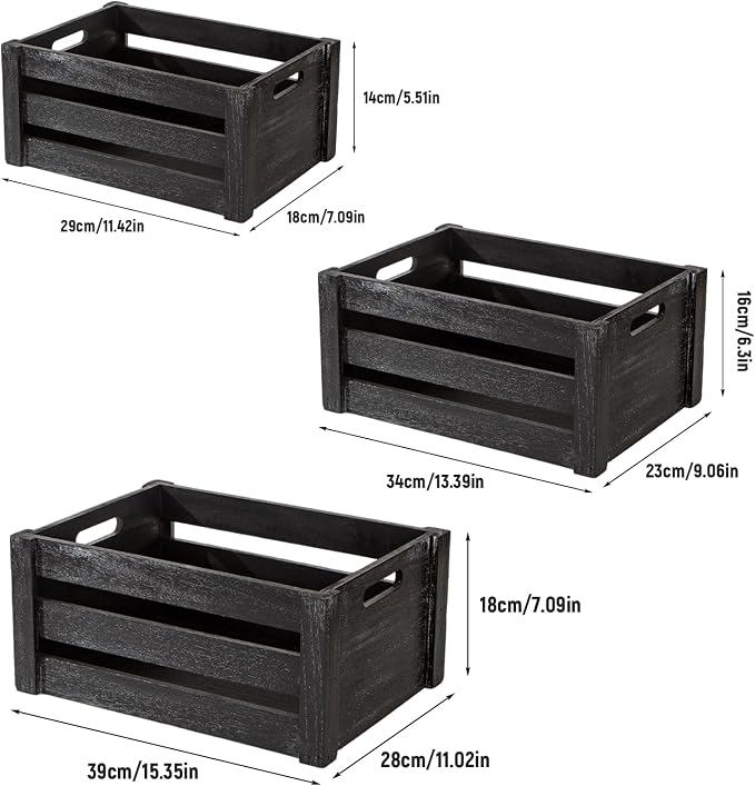 Set of 3 Nesting Wooden Crates, Small Rustic Farmhouse Wood Storage Boxes with Handles, Stackable Compact Organizer Bins for Kitchen Bathroom Bedroom Decor, 3 Sizes & 3 Colors (White, Brown, Black) - Image 2
