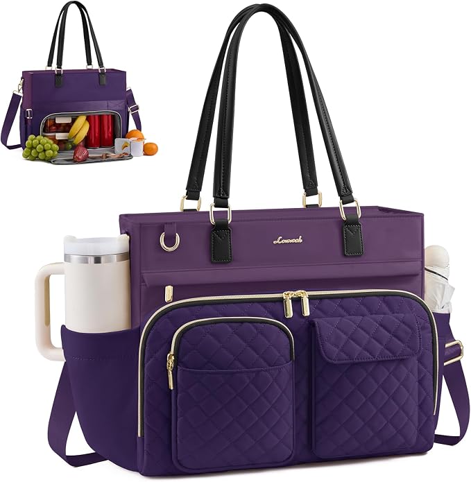LOVEVOOK Insulated Lunch Tote Bag for Women, Large Capacity Work Bag with Large Cup Holder, Teacher Nurse Tote with Multi Pockets, Water Resistant Laptop Bag for Travel, College, Daily, 15.6 Inch by LOVEVOOK