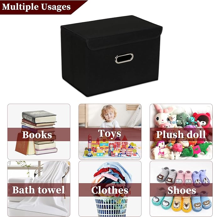 STOREONE Fabric Storage Cube Bins Foldable Organizer Container Collapsible Basket with Lids and Metal Handles, for Home, Bedroom, Closet (Black, 3 Pcs) - Image 4