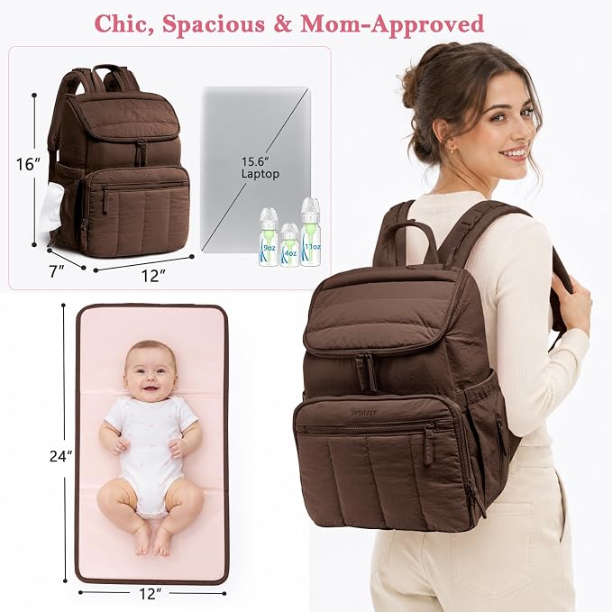 Puffy Diaper Bag Backpack for Mom, Lightweight Quilted Baby Bag with Waterproof Changing Pad, Large Travel Diaper Backpack with Insulated Bottle Pockets, Wipes Pocket, Stroller Straps - Image 3