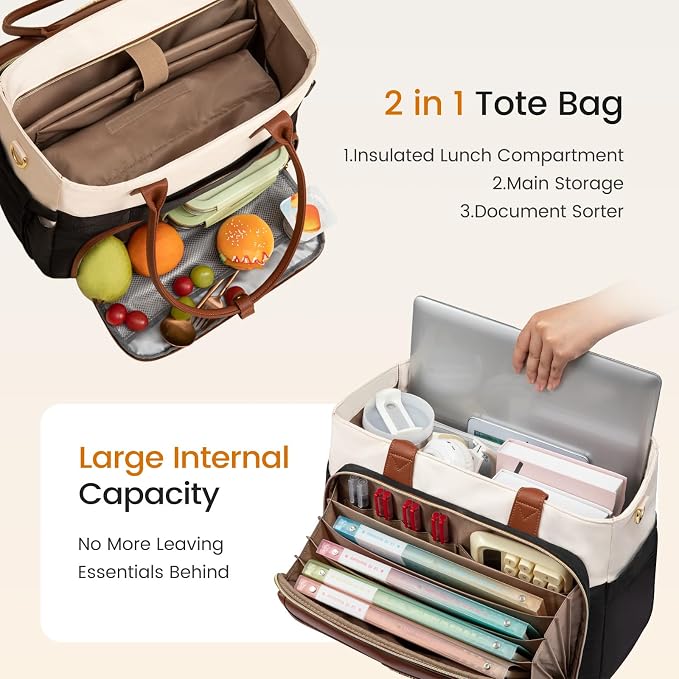 LOVEVOOK Teacher Tote Bag for Women, Work Laptop Bag with Large Cup Holder, Quilted Nurse Bag Diaper Tote with Accordion File Area, Large Computer Handbag Purse for Bussiness Travel, Office, College - Image 4