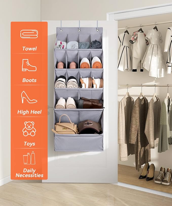 FENTEC 1 Pack Over-the-Door-Shoe-Organizers, Hanging Organizer Large Pocket | Shoe Holder Hanging Shoe Rack for Closet Shoe Organizer for Wall, Over Door Organizer with 15 Pockets for Boot, Sneaker, Gray - Image 2