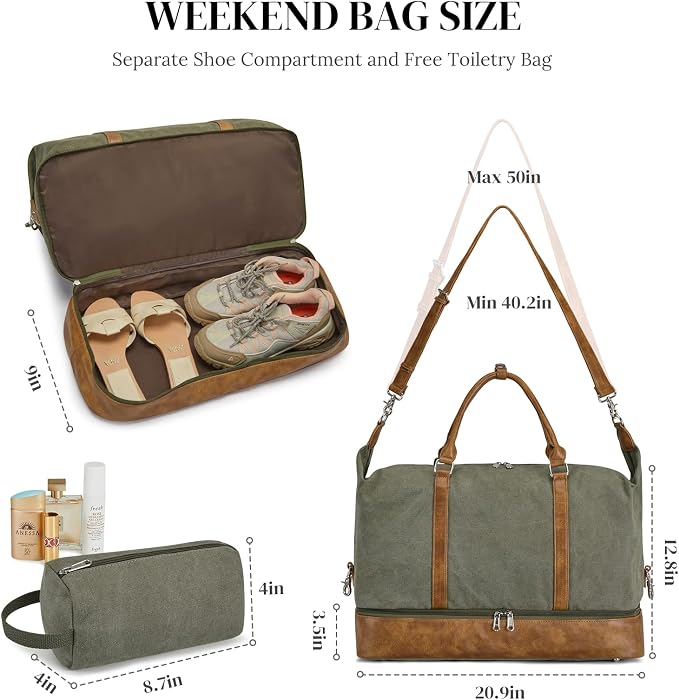 S-ZONE Weekender Bags for Women and Men Travel Duffel Bags with Shoe Compartment Overnight Carry on Duffle Tote Bag | Soft Canvas and Leather Trim, with Toiletries Bag,Carry-on Size,Trolley Sleeve,Adjustable Shoulder Strap,Shoe Compartment - Image 3