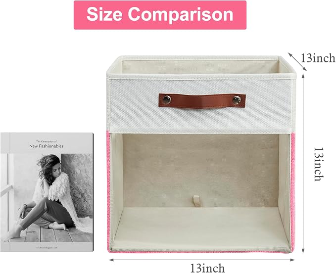 Storage Cubes, 4 Pack Linen Foldable Storage Bins (13 x 13 inch) with Clear Window and Handles, Fabric Organizer for Shelf Closet, Clothes, Books - (Pink and White) - Image 2