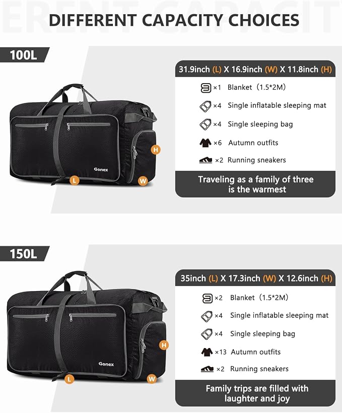 Gonex 100L Foldable Travel Duffle Bag with Shoe Compartment, Lightweight | 210D Nylon, Water-Repellent, Folds Compact, Multiple Pockets, Luggage Sleeve,Family Travel & Camping, Black - Image 7
