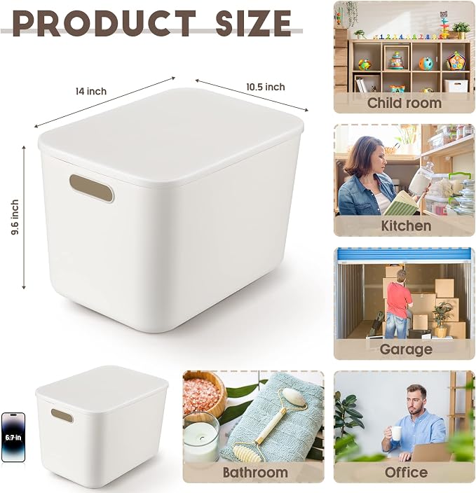 8 Pieces White Plastic Storage Bins with Lids, Stackable Storage baskets with Handle Containers Box for Shelves Drawers Desktop Playroom Classroom Office Organization(14 x 10.5 x 9.6 Inches) - Image 2