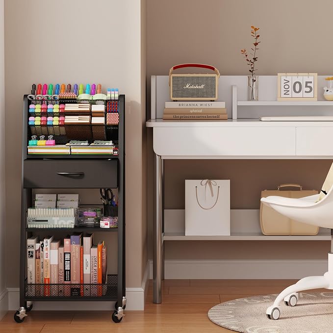 3 Tier Rolling Cart - Metal Utility Cart with Storage Drawer and Wheels, Versatile Art & Craft Organizer for Home, Office, or Studio - Ideal for Storing Brushes, Paints, and Supplies（Black） - Image 6