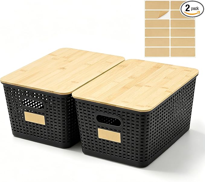 2 Pack Tall Plastic Storage Bins with Bamboo Lids, 10.8qt Stackable Storages Baskets for Organizing Desktop Closet Playroom Classroom Office, 12"L x 8.3"W x 6.1"H, Black by Bagnizer