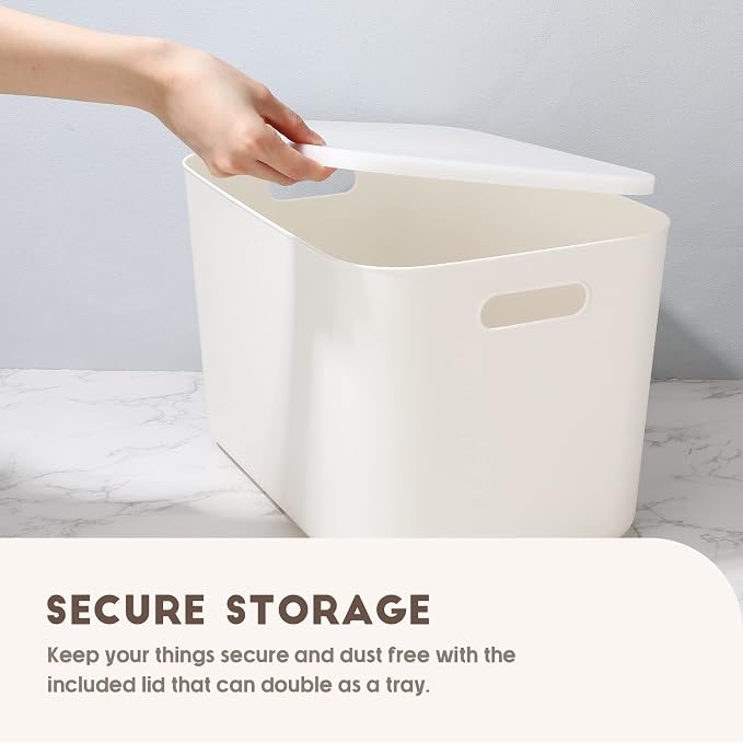 8 Pieces White Plastic Storage Bins with Lids, Stackable Storage baskets with Handle Containers Box for Shelves Drawers Desktop Playroom Classroom Office Organization(14 x 10.5 x 9.6 Inches) - Image 4