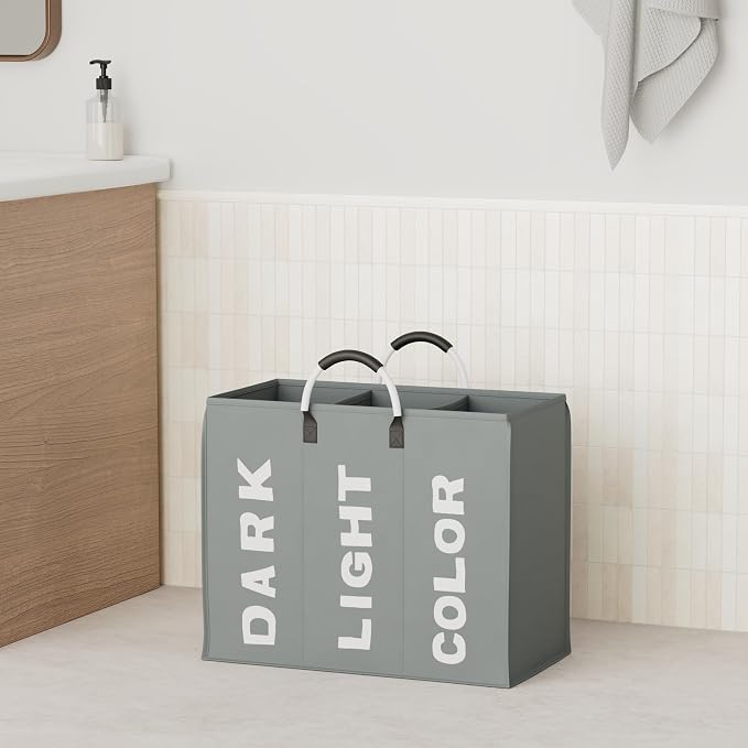 3 Section Laundry Basket Collapsible Laundry Hamper With Carry Handles Laundry Storage Washing Storage Bin (3 Section-Dark Grey) - Image 2