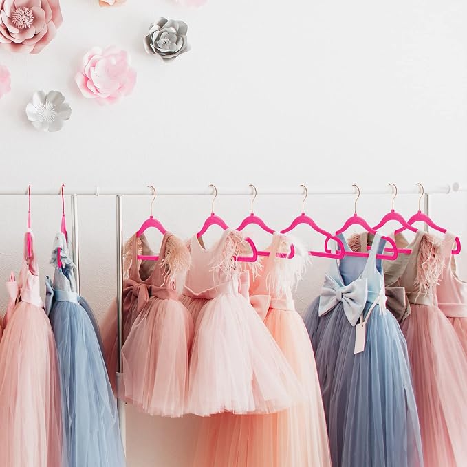 HOUSE DAY Velvet Kids Hangers 60 Pack, Premium Childrens Hangers for Closet | Hot Pink Ultra Thin Cute Non Slip Kid Felt Clothes Hanger 14 Inch, Small Hanger for Toddler Clothes +360° Rose Gold Hook - Image 7