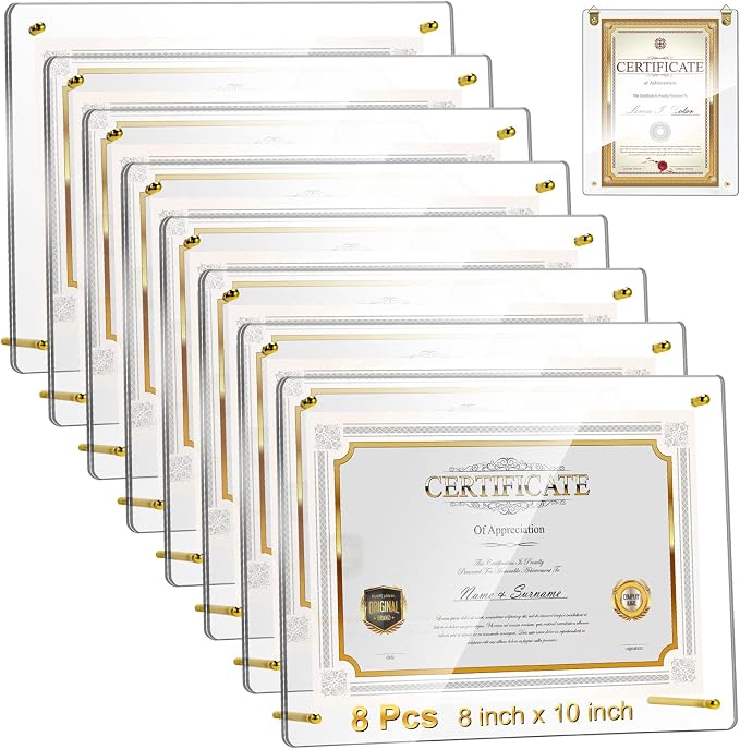 Thyle 8 Pcs Acrylic Photo Frame 8x10'' Clear Floating Picture Frame Frameless Photo Display Memories Photography Poster Frames Tabletop or Hanging Wall Mount for Family Wedding Wall Art (Gold) by Thyle