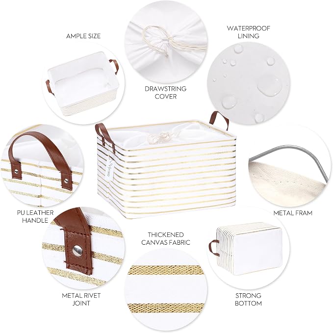 Hinwo 31L Large Canvas Storage Bin with Lid and Handles | Collapsible Fabric Basket, Closet Shelf Organizer, Container for Clothing, Blankets, Toys, Bedding (Gold Stripe) - Image 5