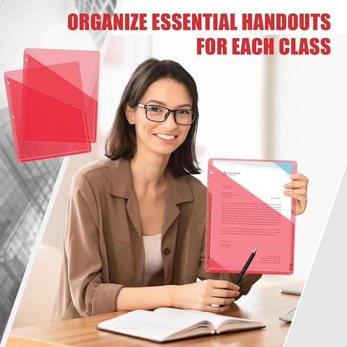 Seajan 48 Pcs Binder Pocket Folders, Clear 3 Ring Binder, Red | Plastic Folders Sleeves with 2 Pockets, Poly Slash File Jackets, 3 Hole Punched Dividers for School, Office, Documents - Image 5