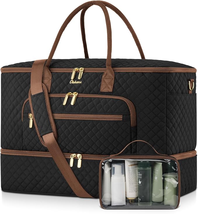 Travel Duffle Bag, Wide Open Large Weekender Bag for Women with Shoe Compartment, Carry on Overnight Bags with Toiletry Bag, Hospital Bag for Women Labor Delivery with Wet Pocket (Black Brown) by Unknown