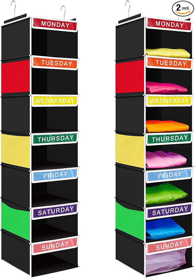 2 Pcs 7 Shelf Weekly Clothes Organizer for Kids Hanging Closet Organizer 11. 8 x 11. 8 x 50 Inches Daily Activity Kids Clothes Storage Drawers Cube Drawers Closet Hanging Shelves(Black) by Amylove