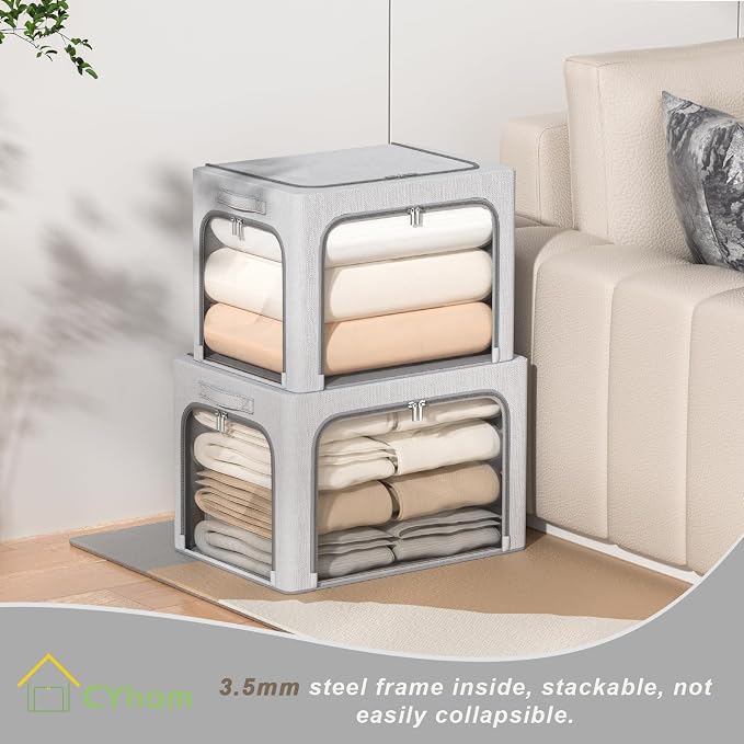 3 Openings Clothes Storage Bins Box - 3Pack Stackable Foldable Storage Bin - Metal Frame Storage Box Clothing Storage Organizer with Clear Window, Carry Handles (Light Grey, 100L-23.6x16.5x15.7in) - Image 6
