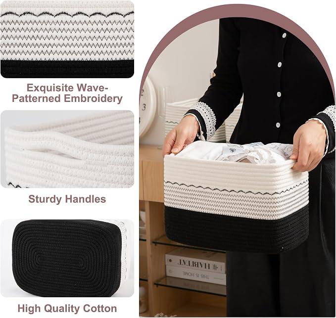OIASKET 4 Pack Storage Baskets for Organizing, 13"X9"X7.87", Decorative Cotton Rope Baskets for Shelves, Small Woven Basket for Toys, Books and Towels, Black & White - Image 6