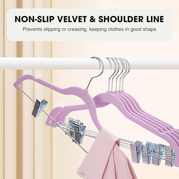 24-Pack Purple Velvet Hangers with Clips Adjustable,Adult Hangers,Heavy-Duty,Felt,Non-Slip,Space Saving,Slim Outfit Hanger for Pants, Skirts, Suits,Coats, Dresses ect. - Image 4