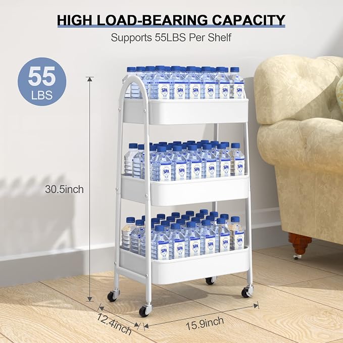 3 Tier Utility Rolling Cart, Metal Storage Cart with Handle and Lockable Wheels, Multifunctional Storage Organizer Trolley with Mesh Baskets for Kitchen, Living Room, Office, Garage (White) - Image 6