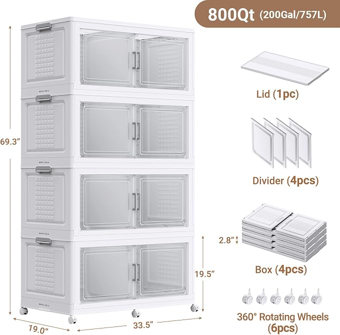 BROVIEW 800 Qt Stackable Storage Bins Foldable Cabinet, V40 White 4-Pack | Extra Large Collapsible Storage Bins with Lid Doors Wheels Dividers, Closet Organizers and Storage Drawer for Home Office - Image 2