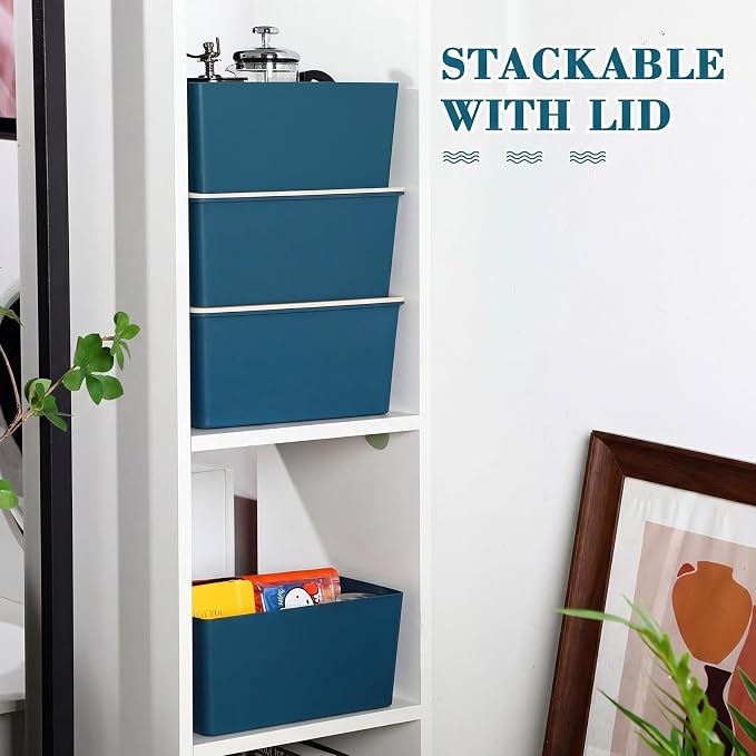 4 Pcs Storage Bins with Lids, Blue, Large | Plastic Stackable Organizing Containers, Heavy Duty Storage Boxes for Classroom Room Shelves, Christmas Ornaments Baskets - Image 5