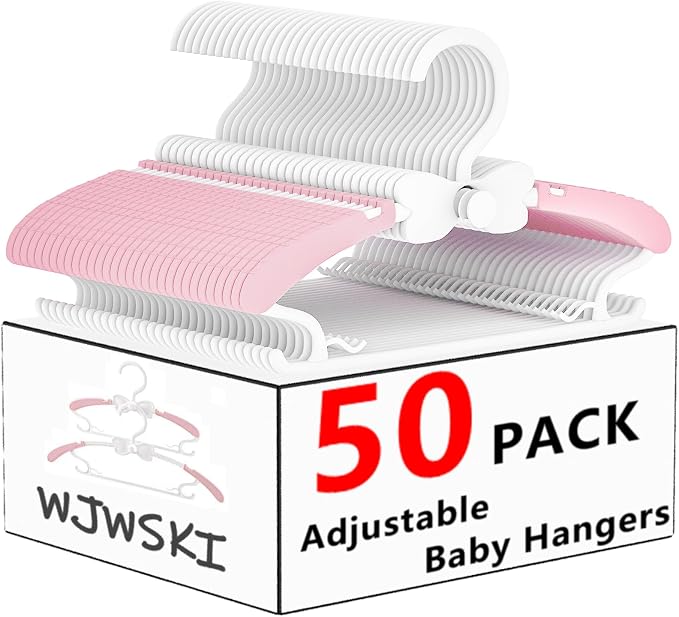 Baby Clothes Hangers, 11-14.5" Adjustable Kid Hangers for Newborn Closet, Plastic Small Infant Hanger for Toddler Pant, Child Coat Hanger for Boy Nursery Clothing, Girl Dresses, 50 Pack by WJWSKI