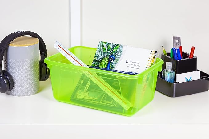 Storex Small Cubby Bins – Plastic Storage Containers for Classroom with Non-Snap Lid, 12.2 x 7.8 x 5.1 inches, Tint Green, 5-Pack (62483A05C) - Image 3