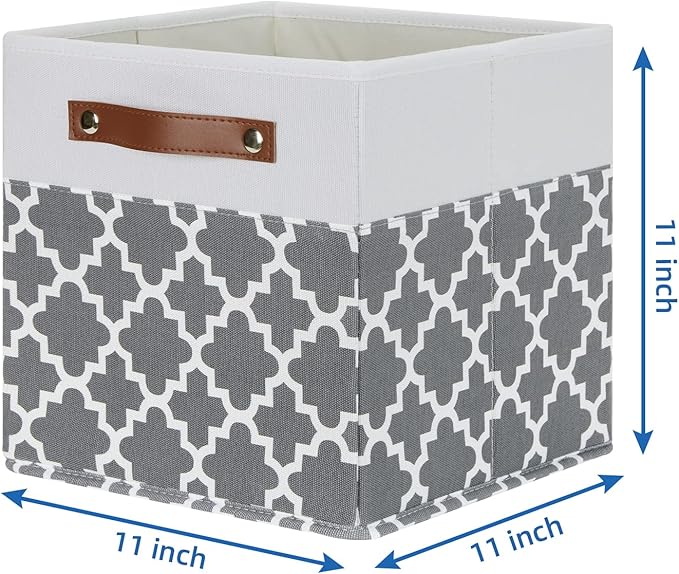 Temary 11x11x11 Cube Storage Bins Cube Organizer Bins 4 Pack Canvas Storage Bin for Home, Cube Storage Basket with Leather Handles(Grey Lattice) - Image 2