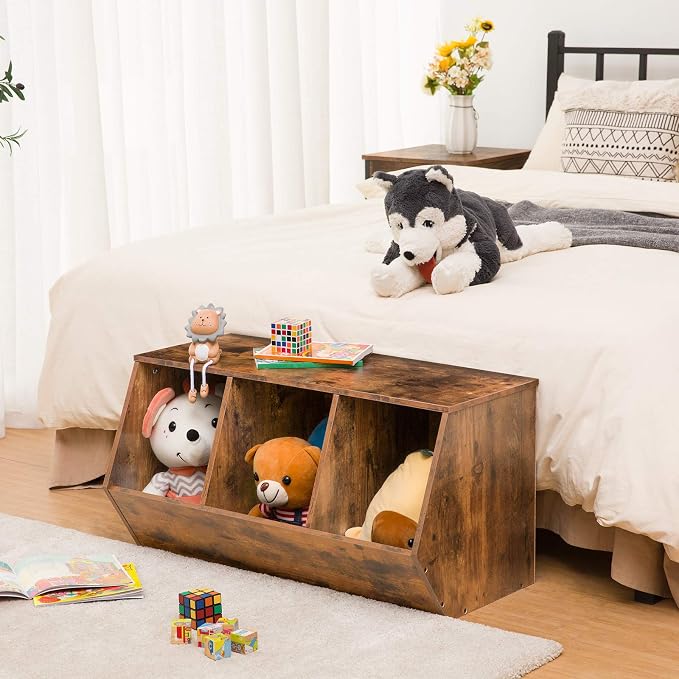HOOBRO Toy Storage Cubby, Kids Bookshelf, Stackable 3-Bin Toy Storage Cabinet, Bookcase Footboard, Children's Toy Shelf, Suitable for Children's Room, Playroom, Hallway, Rustic Brown BF30CW01 - Image 5
