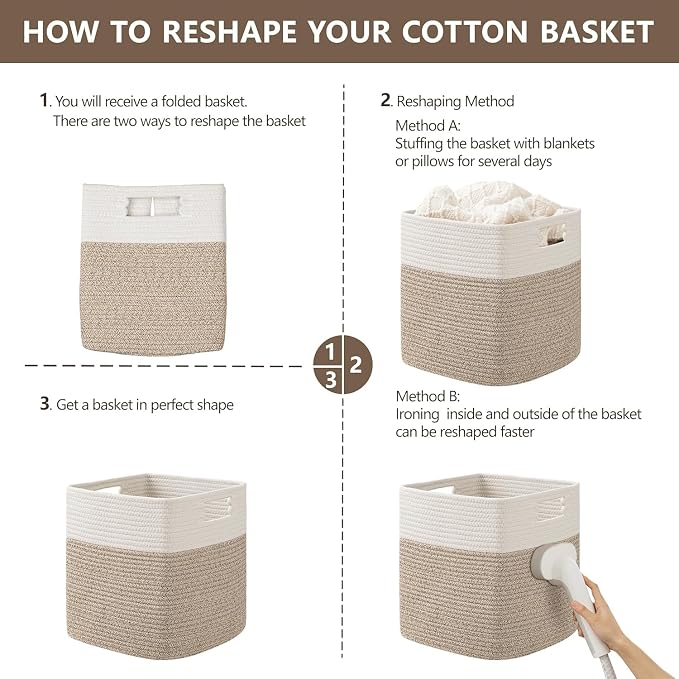 UBBCARE Set of 4 Storage Basket-12 X 12 X 12 in, Cotton Rope Basket for Shelves, Toys, Book, Cube Storage Bins with Handles, Woven Storage Basket for Organizing, White Brown - Image 7
