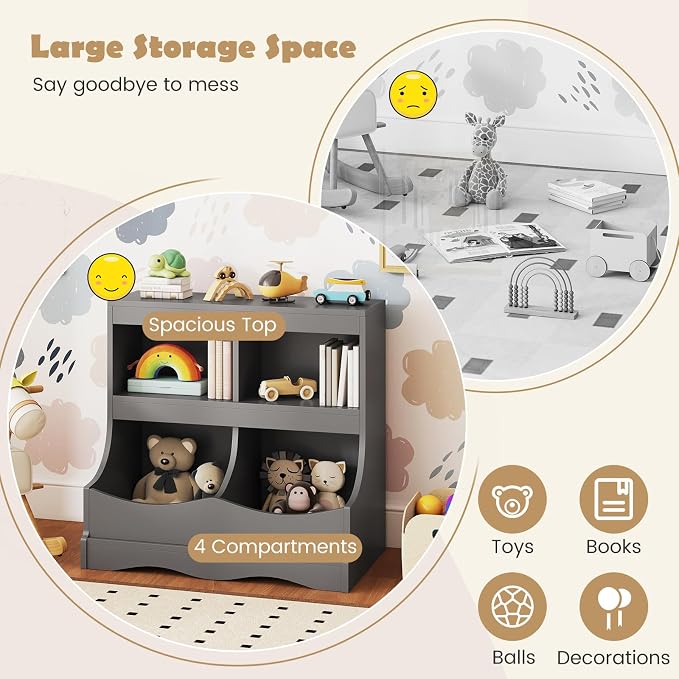 HONEY JOY Kids Toy Storage Organizer, 4-Cubby Wooden Bookcase Cabinet, 2-Tier Open Daycare Shelf for Preschool, Kids Display Bookshelf for Bedroom, Playroom, Classroom & Nursery (Gray) - Image 6
